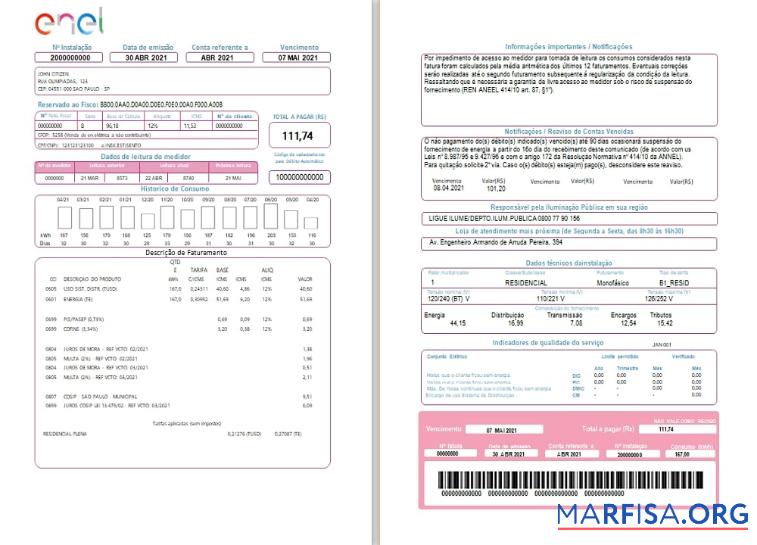 Realistic Brazil ENEL electricity utility bill (2 pages) download for verification